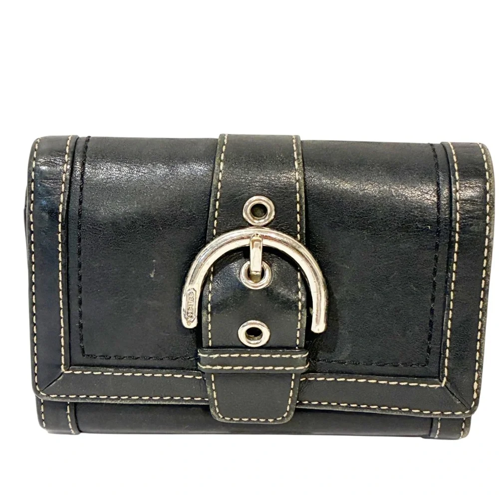 Coach Black Multi Compartments Wallet Logo CC Slots Zip Leather &Lined Snapclose